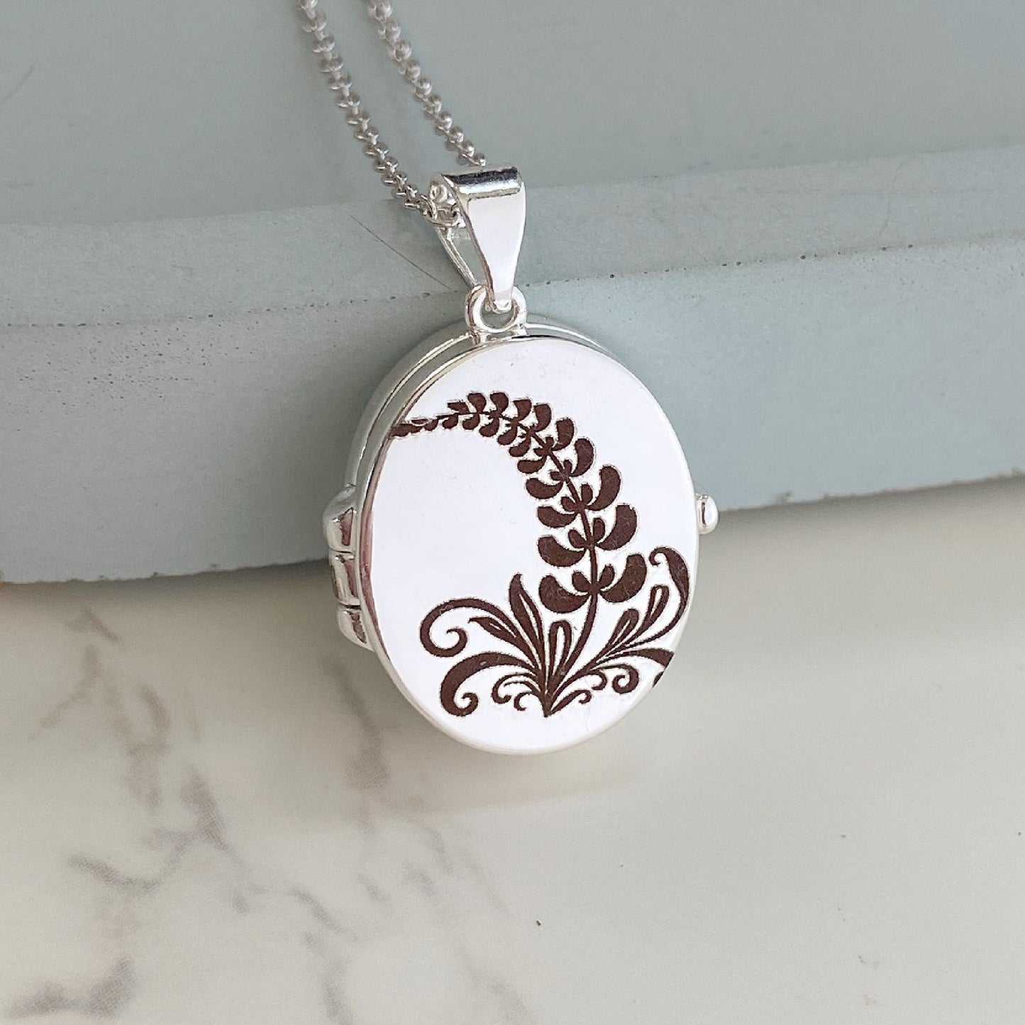 Silver Oval Locket, Larkspur flower