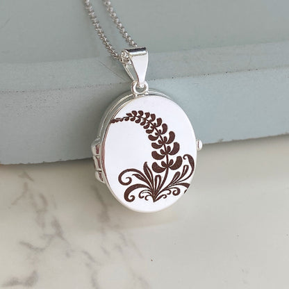 Silver Oval Locket, Larkspur flower