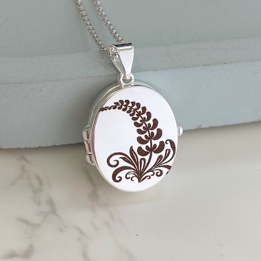 Silver Oval Locket, Larkspur flower