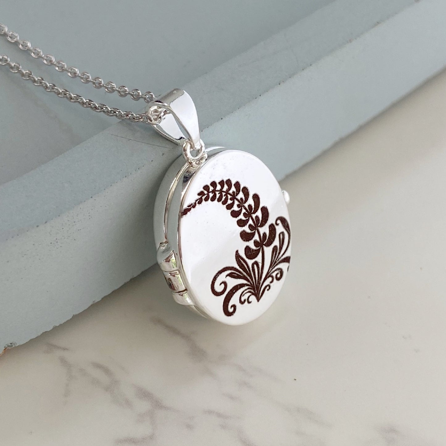 Silver Oval Locket, Larkspur flower