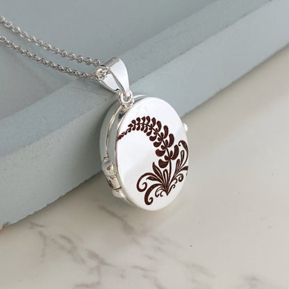 Silver Oval Locket, Larkspur flower