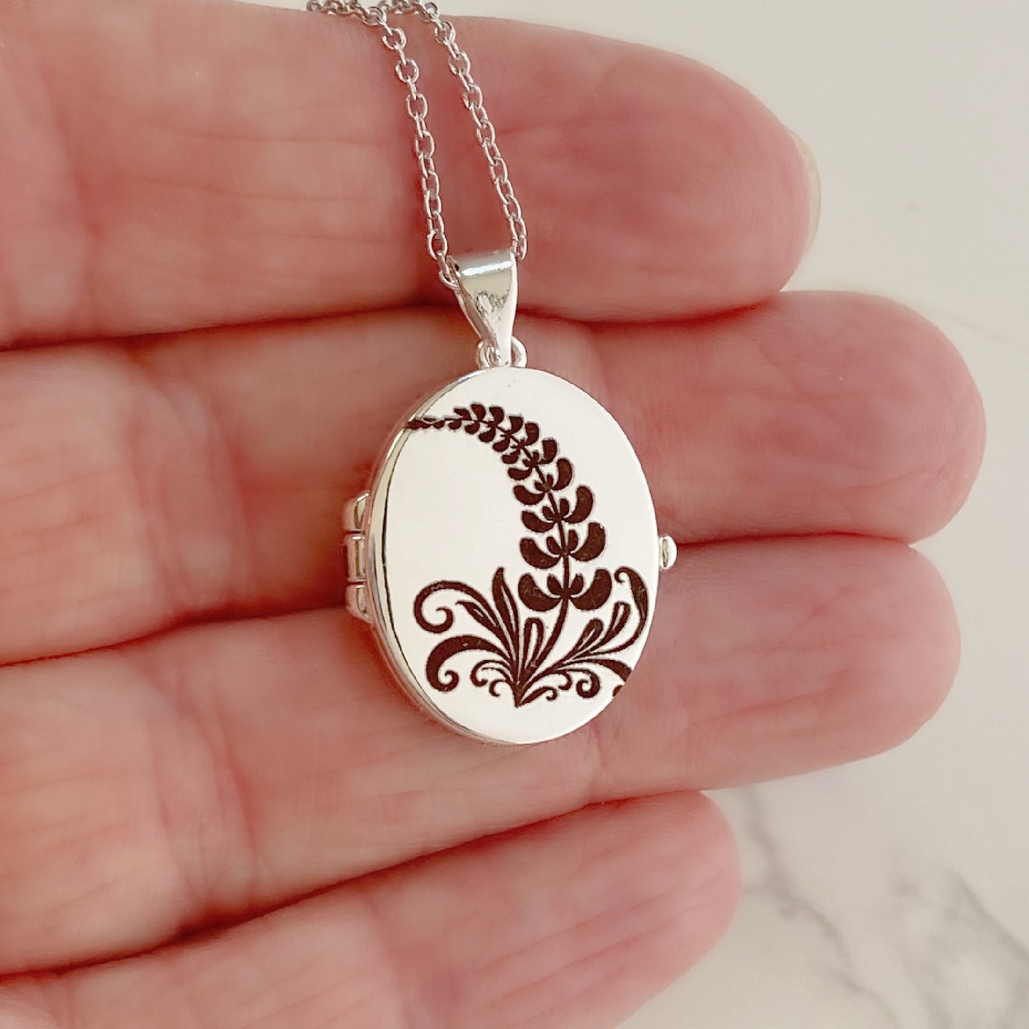 Silver Oval Locket, Larkspur flower