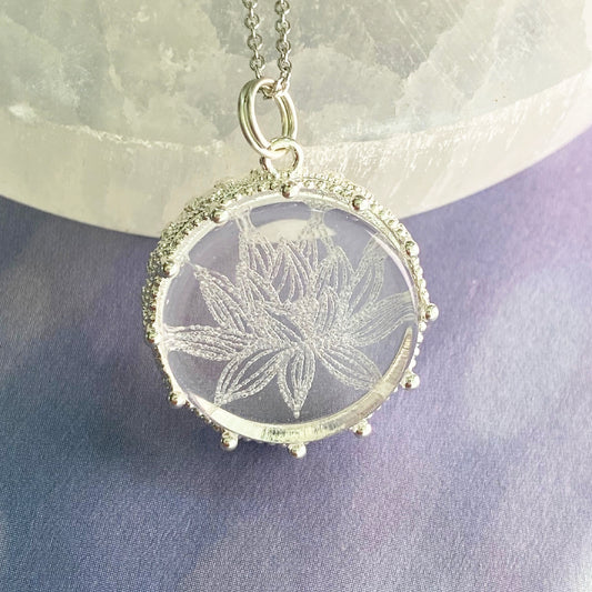 Glass Lotus Flower Necklace, silver setting