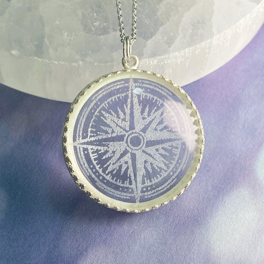 Compass Rose Etched Glass Necklace
