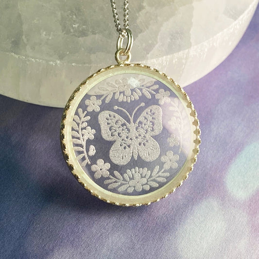 Butterfly Etched Glass Pendant Necklace, style 2