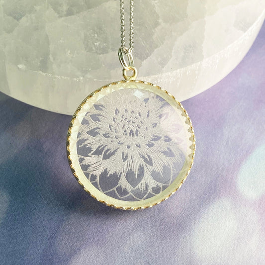Dahlia Flower Etched Glass Necklace
