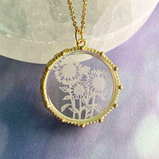 Gold Sunflower Etched Glass Necklace