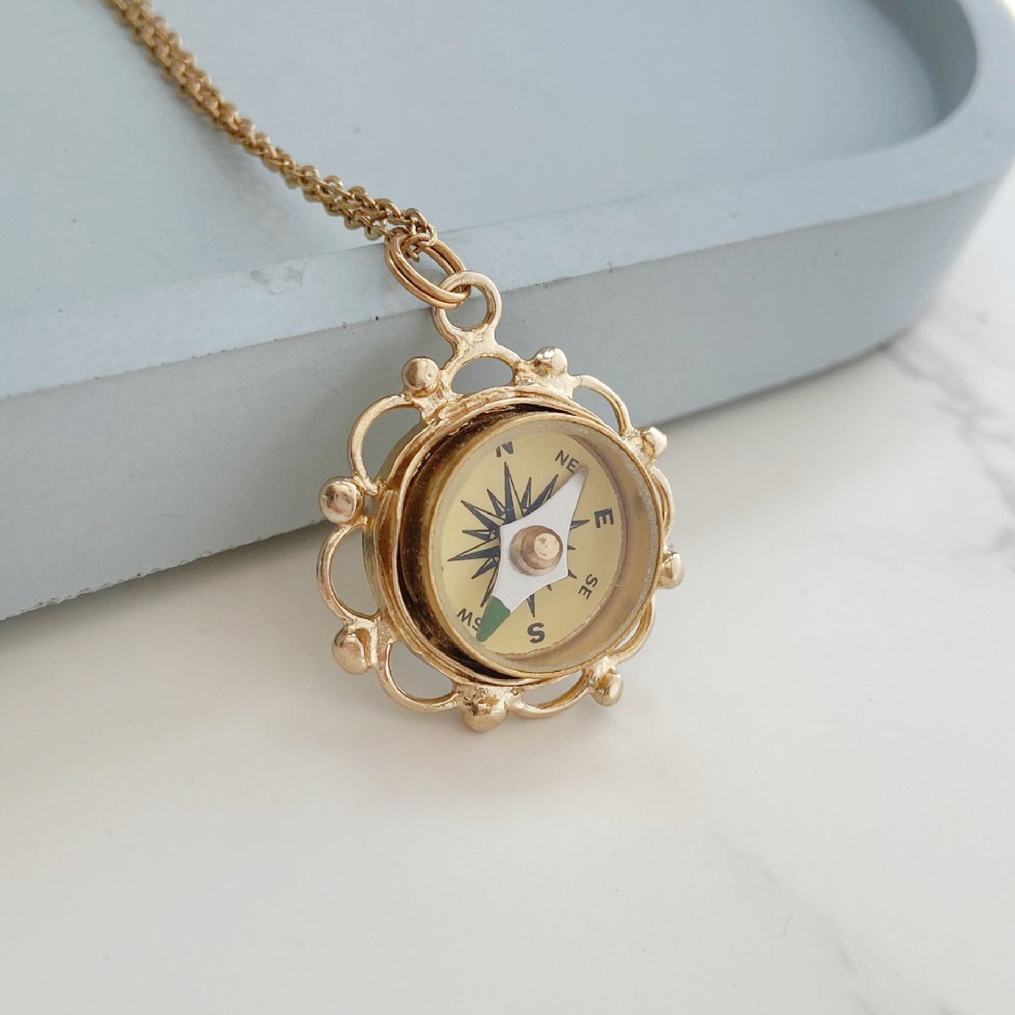 Gold Filigree Working Compass Necklace