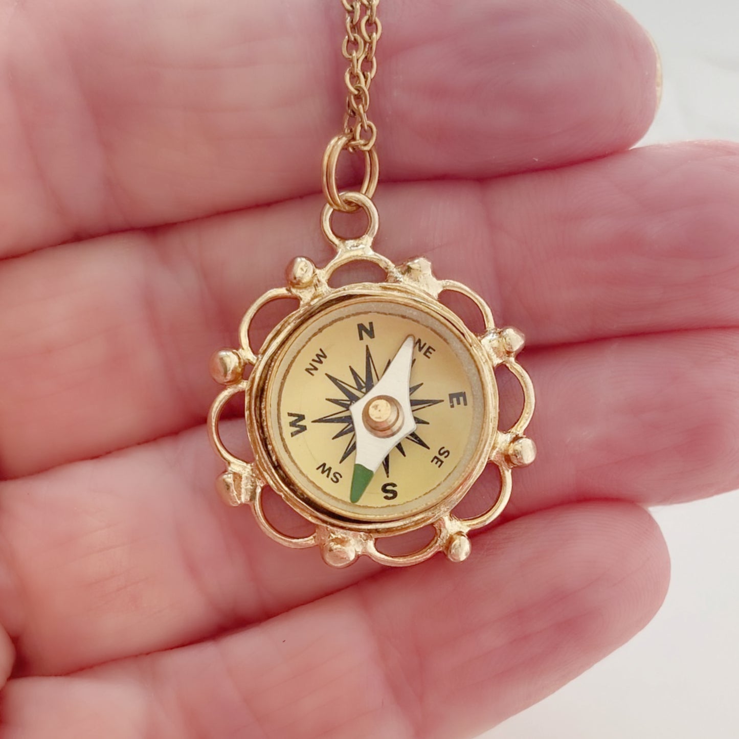Gold Filigree Working Compass Necklace