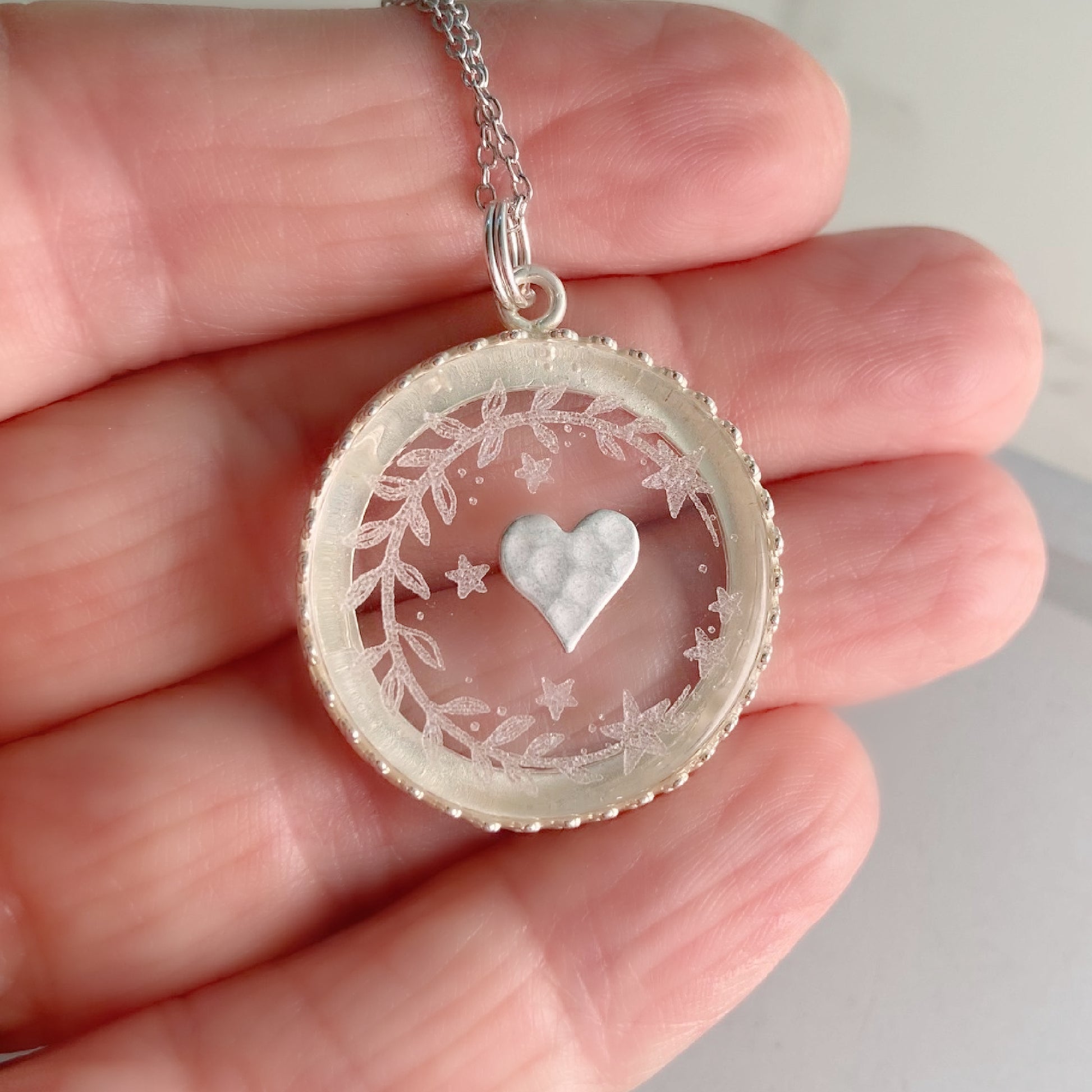 Hammered Heart Etched Glass Necklace 3 Bead Designs