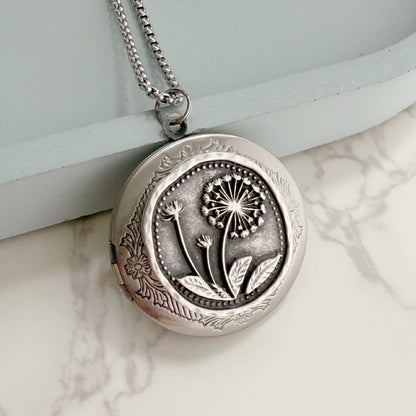 Silver Dandelion Flower Photo Locket