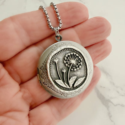 Silver Dandelion Flower Photo Locket