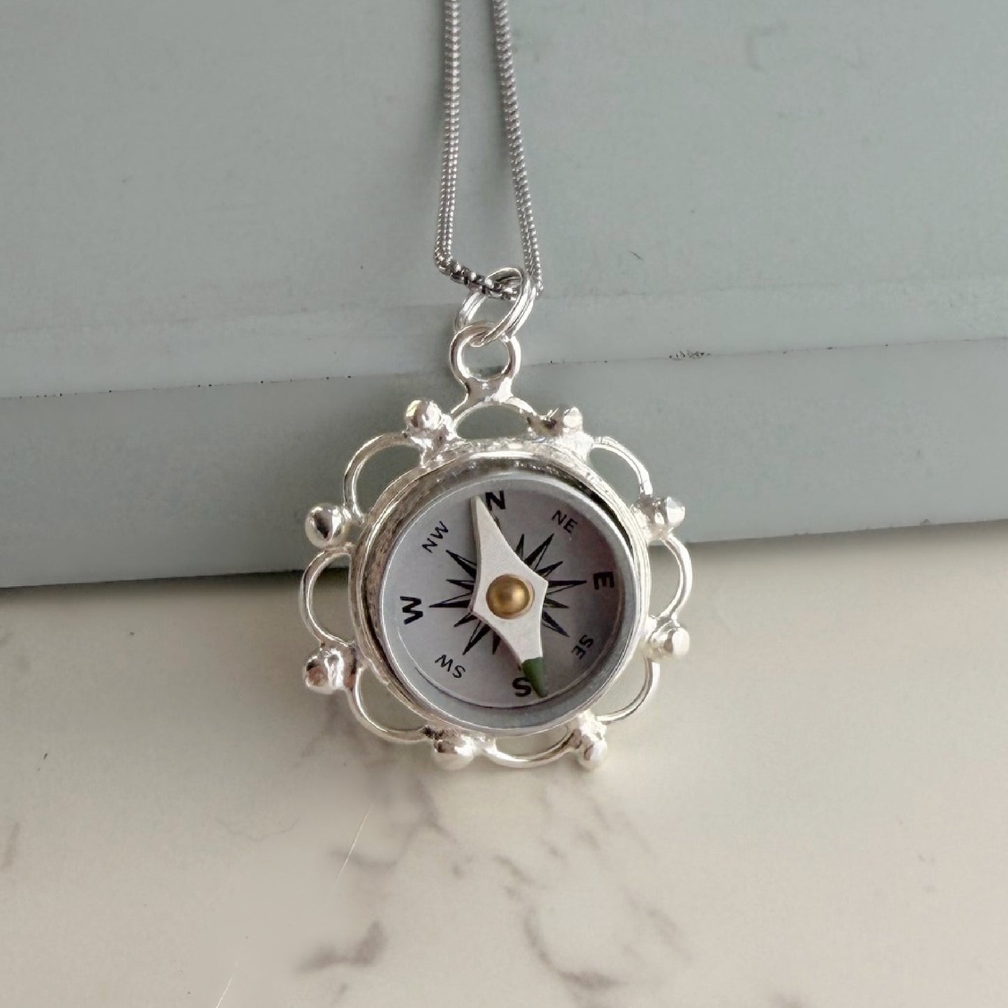 Silver Filigree Working Compass Necklace