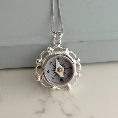 Silver Filigree Working Compass Necklace