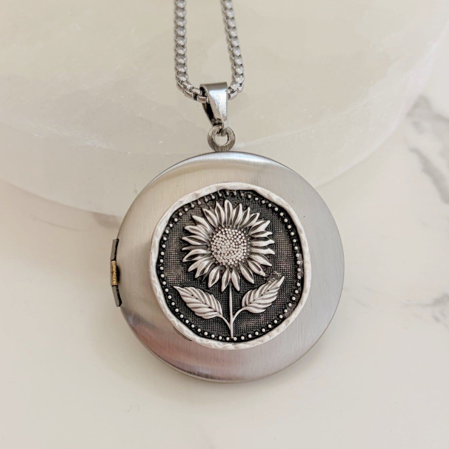 Silver Sunflower Locket Necklace (Copy) 3 Bead Designs