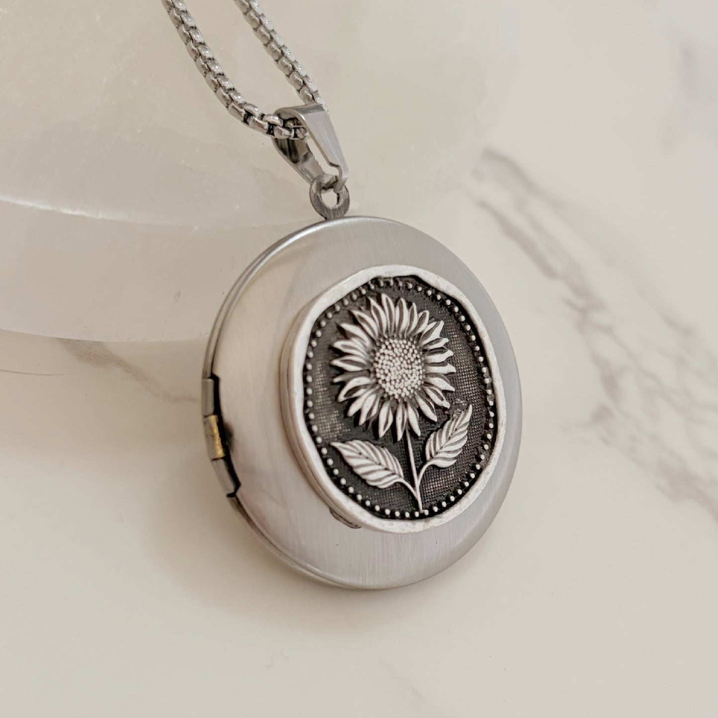 Silver Sunflower Locket Necklace (Copy) 3 Bead Designs
