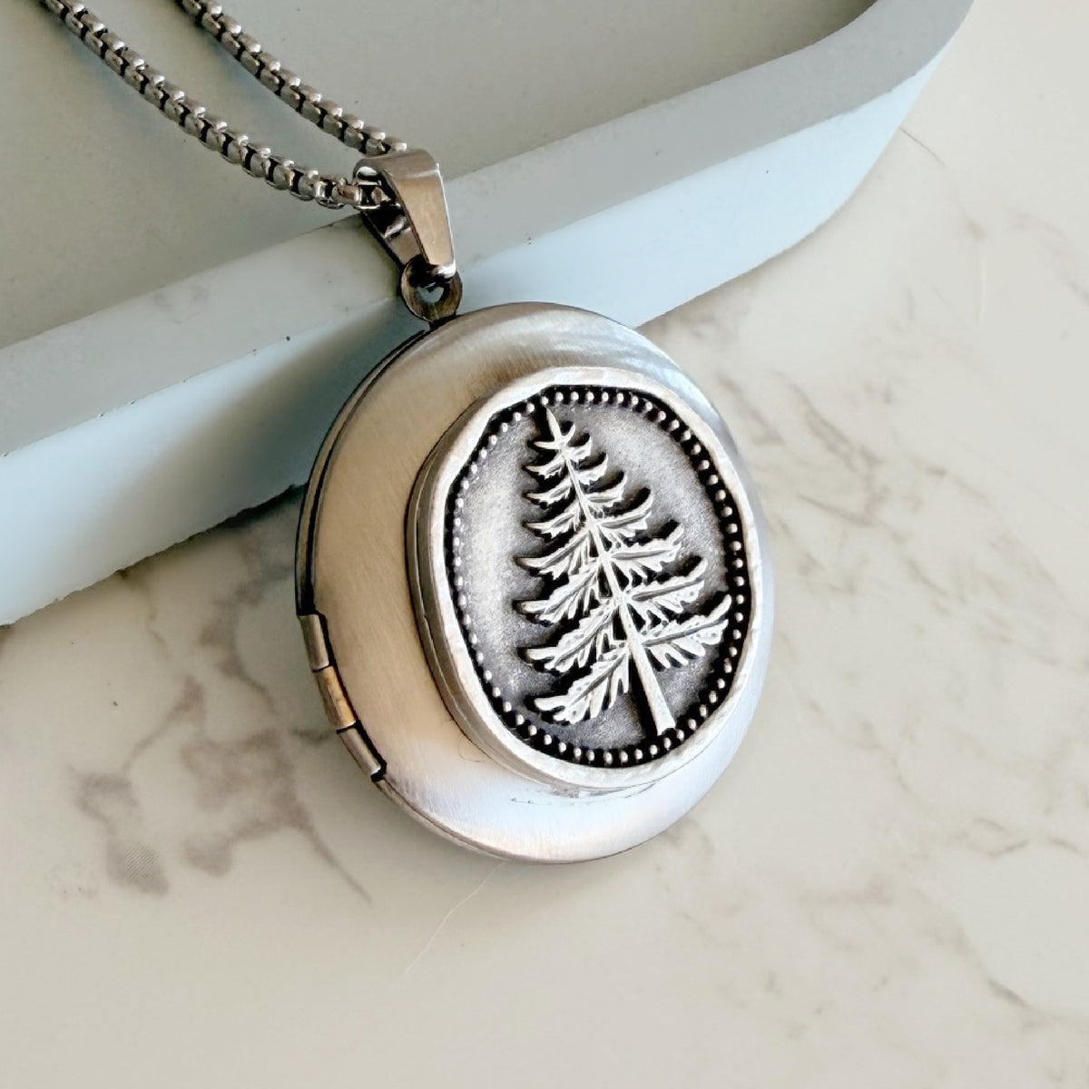 Silver Pine Tree Locket Necklace