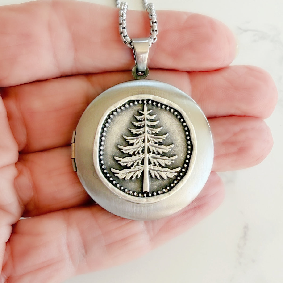 Silver Pine Tree Locket Necklace