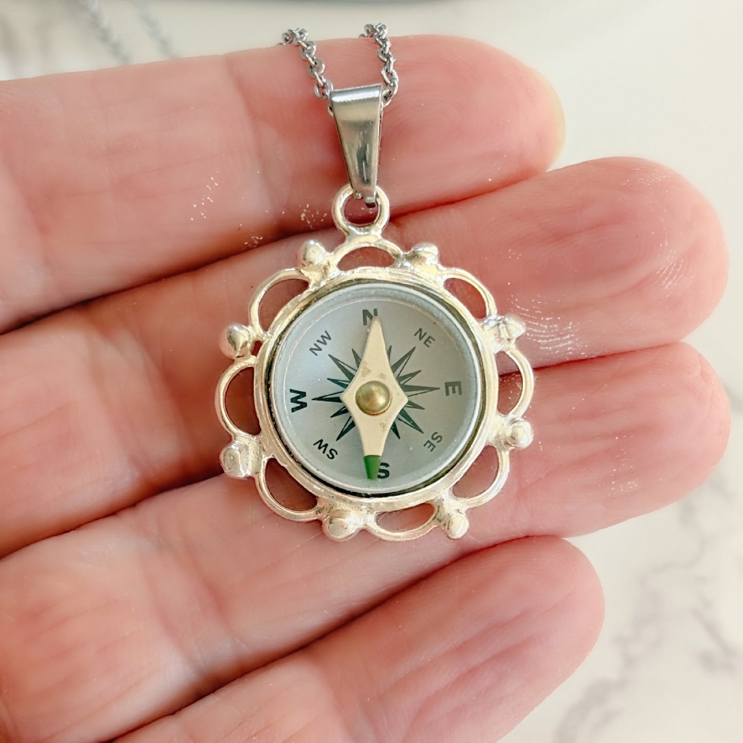 Silver Filigree Working Compass Necklace
