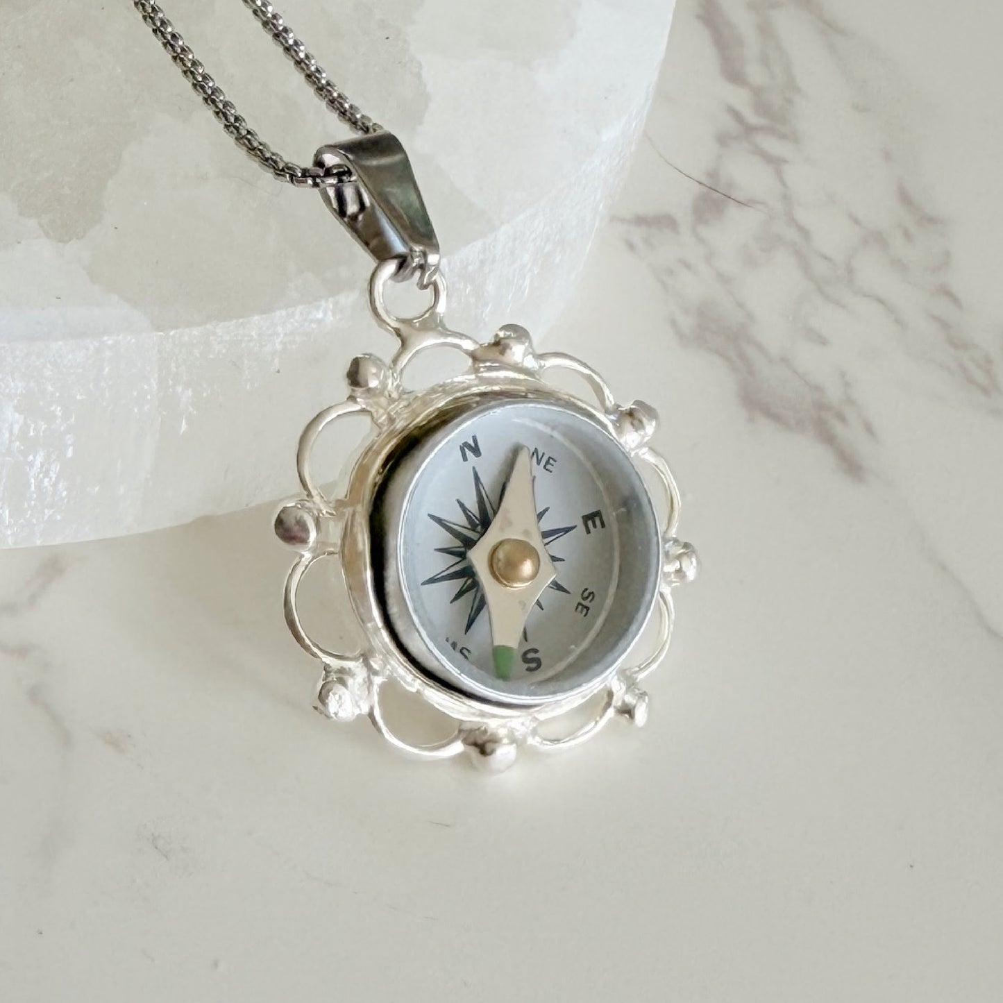 Silver Filigree Working Compass Necklace