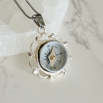 Silver Filigree Working Compass Necklace
