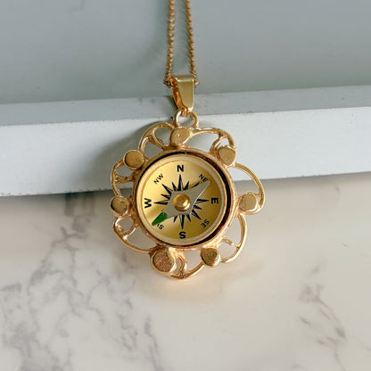 Gold Filigree Working Compass Necklace 3 Bead Designs