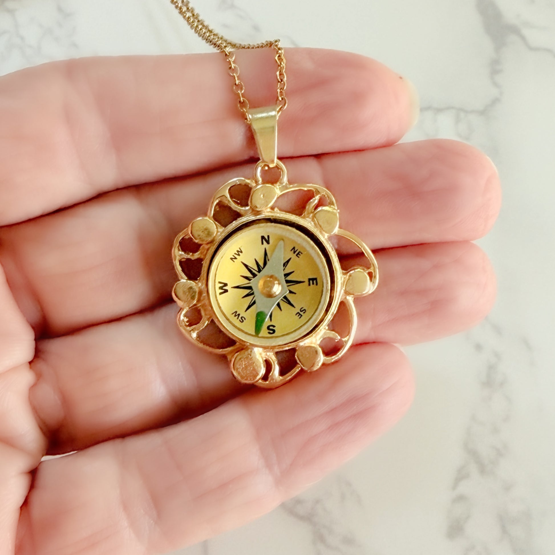 Gold Filigree Working Compass Necklace 3 Bead Designs