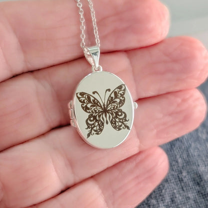 Silver Oval Locket Necklace, Butterfly 3 Bead Designs