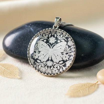 Butterfly Etched Glass Pendant Necklace, style 1 3 Bead Designs