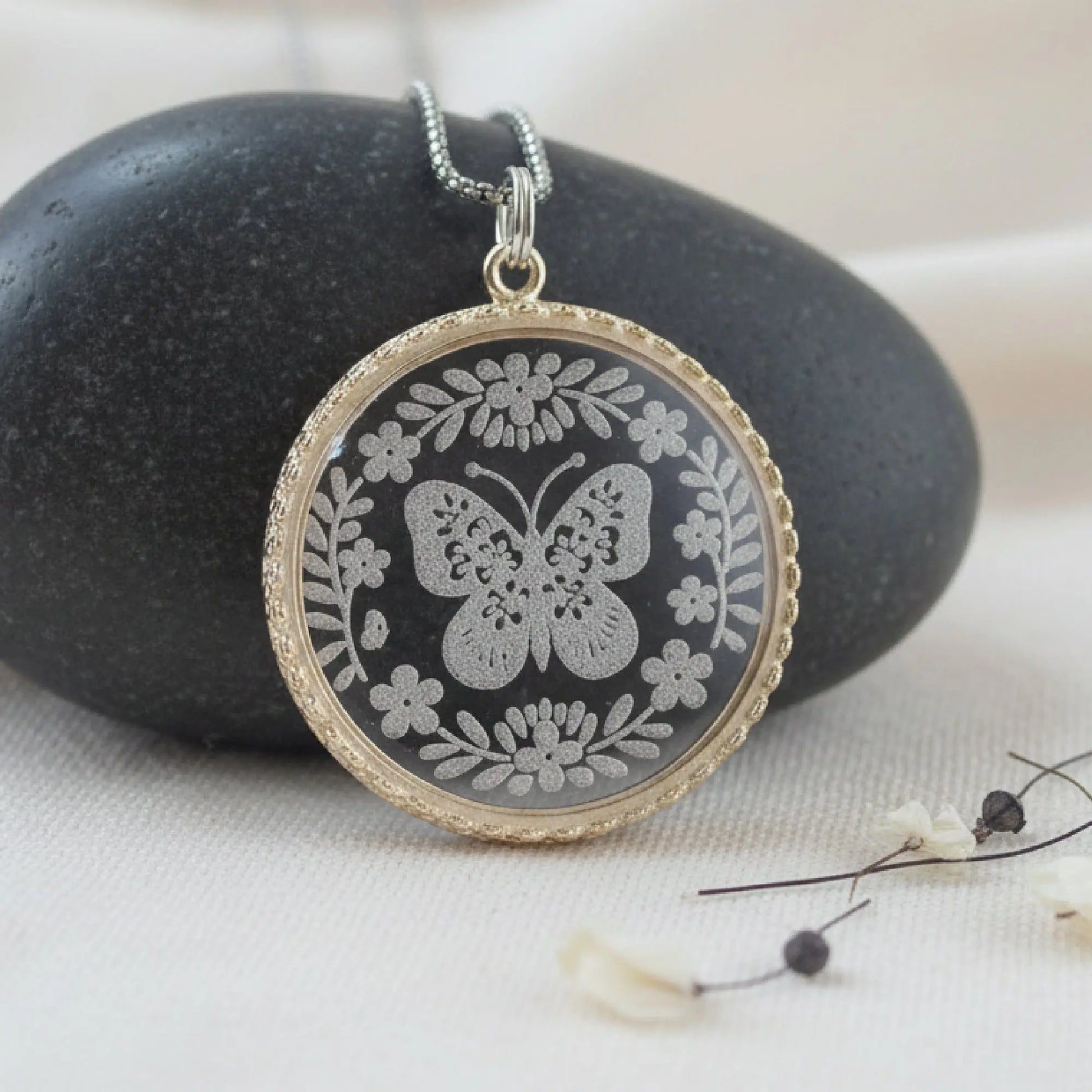 Butterfly Etched Glass Pendant Necklace, style 2 3 Bead Designs
