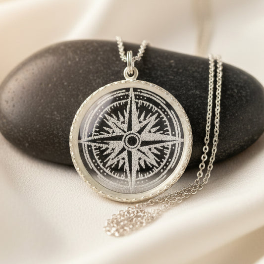 Compass Rose Etched Glass Necklace