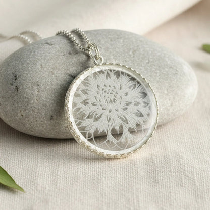 Dahlia Flower Etched Glass Necklace 3 Bead Designs