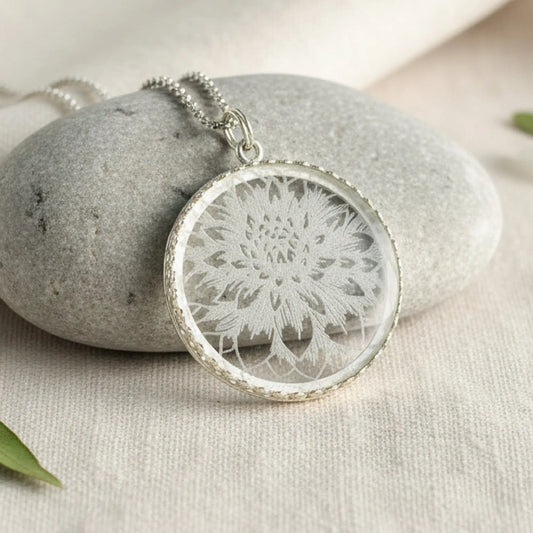 Dahlia Flower Etched Glass Necklace 3 Bead Designs