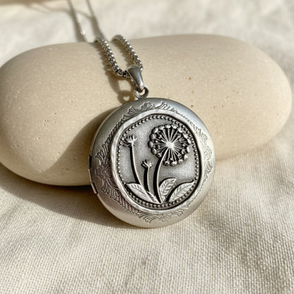 Silver Dandelion Flower Photo Locket