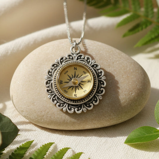 Filigree Silver Working Compass Necklace, ivory face