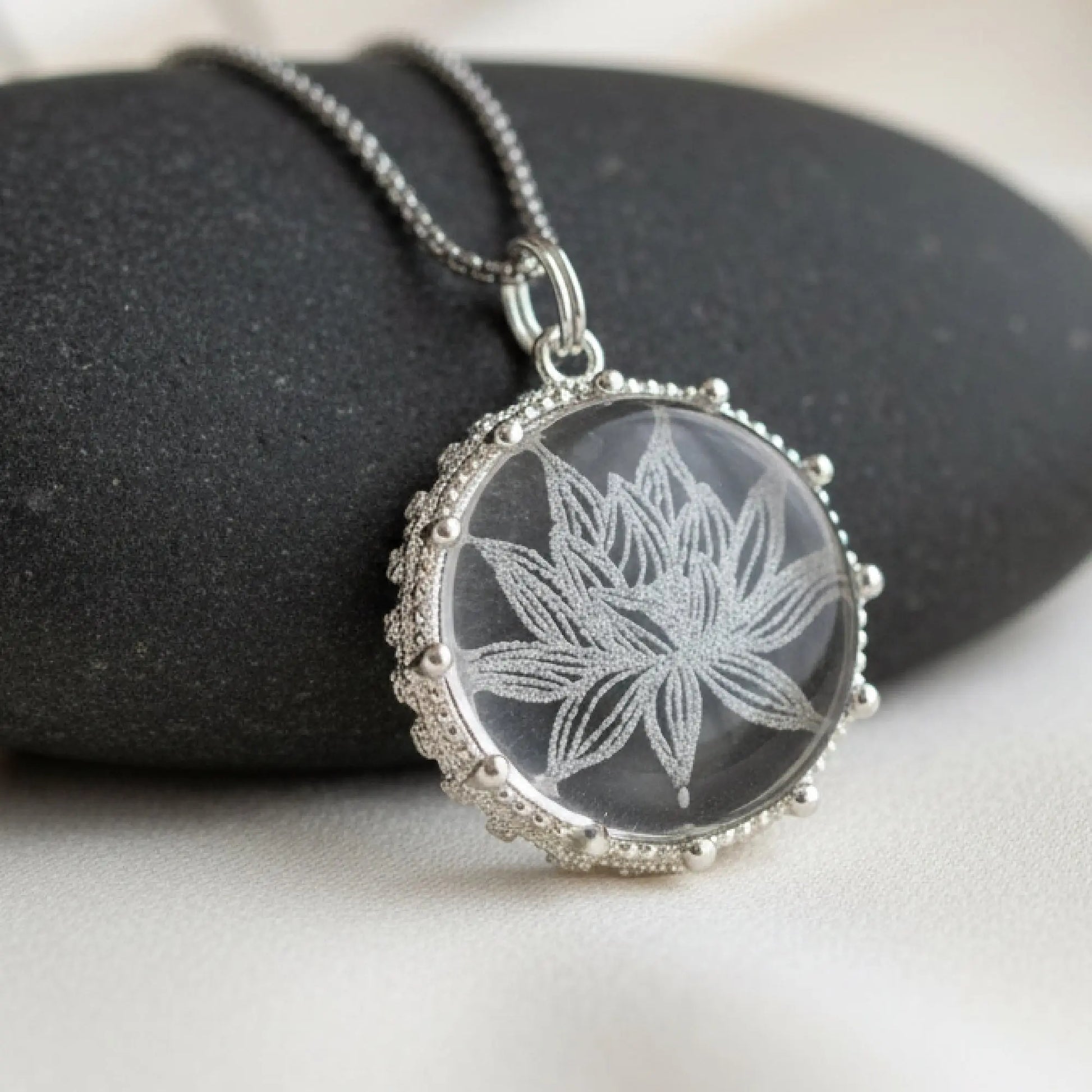 Glass Lotus Flower Necklace, silver setting 3 Bead Designs
