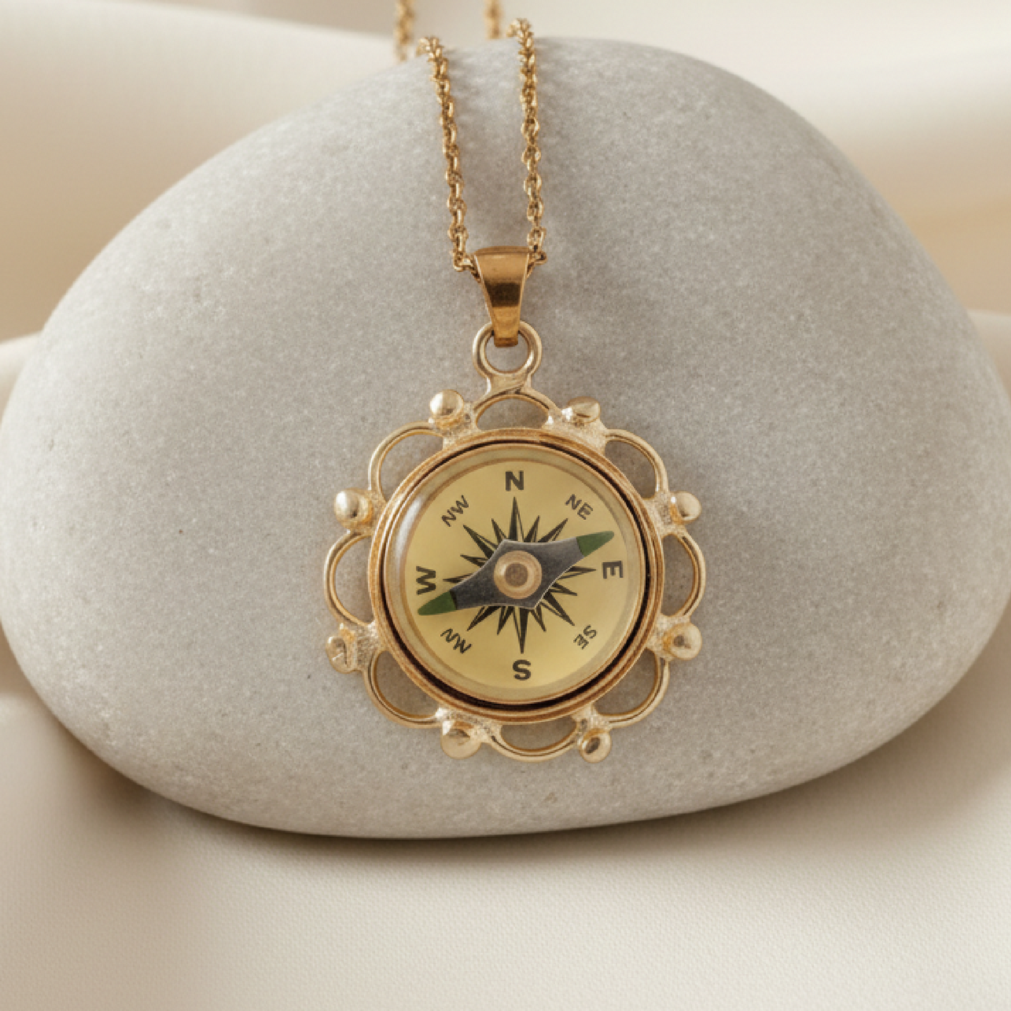 Gold Filigree Working Compass Necklace 3 Bead Designs