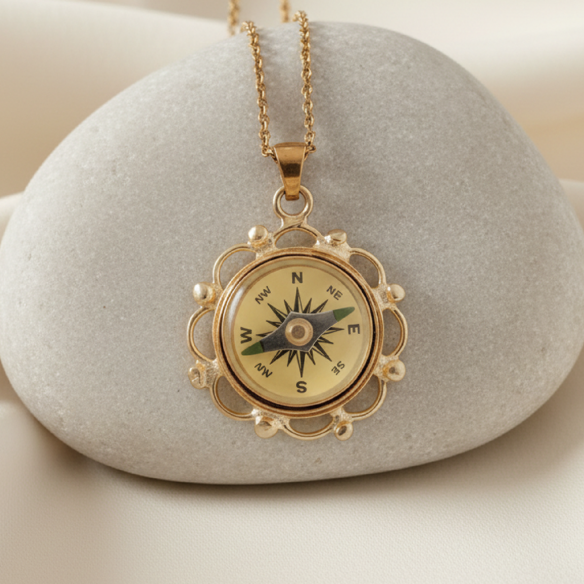 Gold Filigree Working Compass Necklace 3 Bead Designs