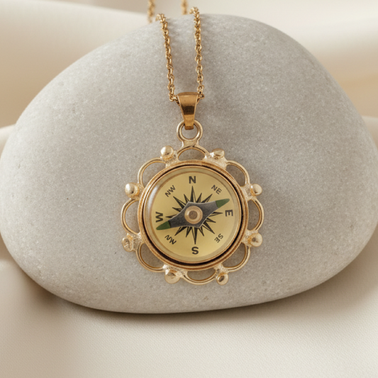 Gold Filigree Working Compass Necklace 3 Bead Designs