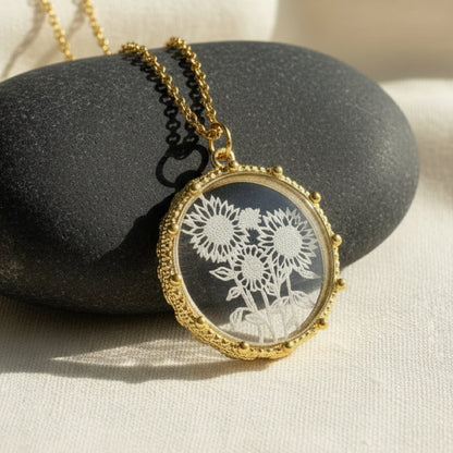 Gold Sunflower Etched Glass Necklace