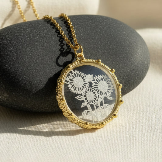Gold Sunflower Etched Glass Necklace