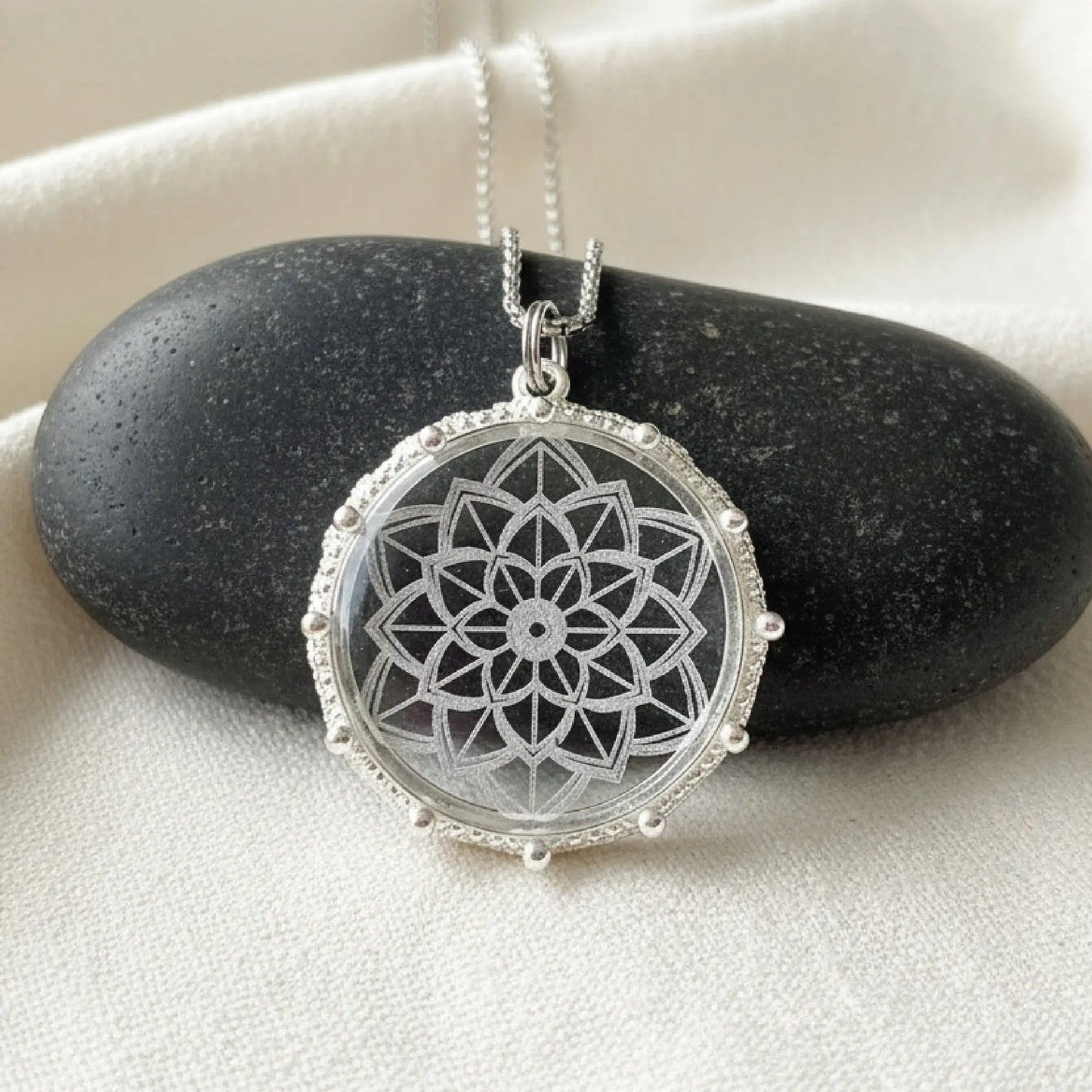Mandala Etched Glass Necklace, design 1 3 Bead Designs
