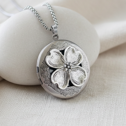 Silver Dogwood Photo Locket Necklace