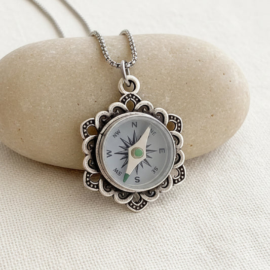 Silver Flower Working Compass Necklace, silver face