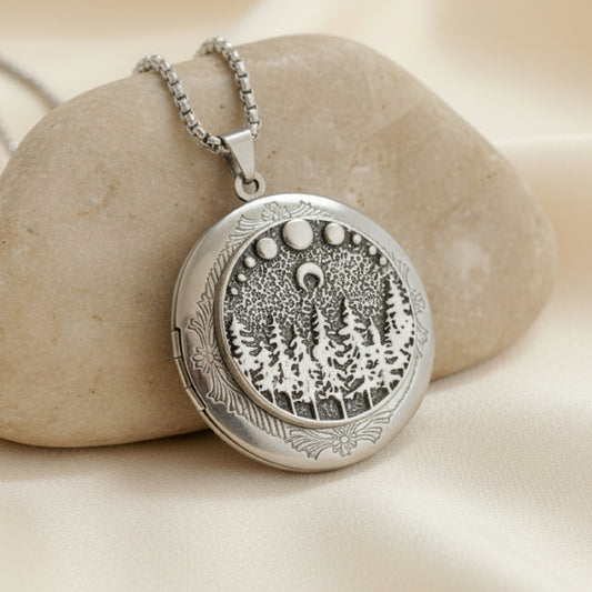 Silver Moonlit Trees Locket Necklace