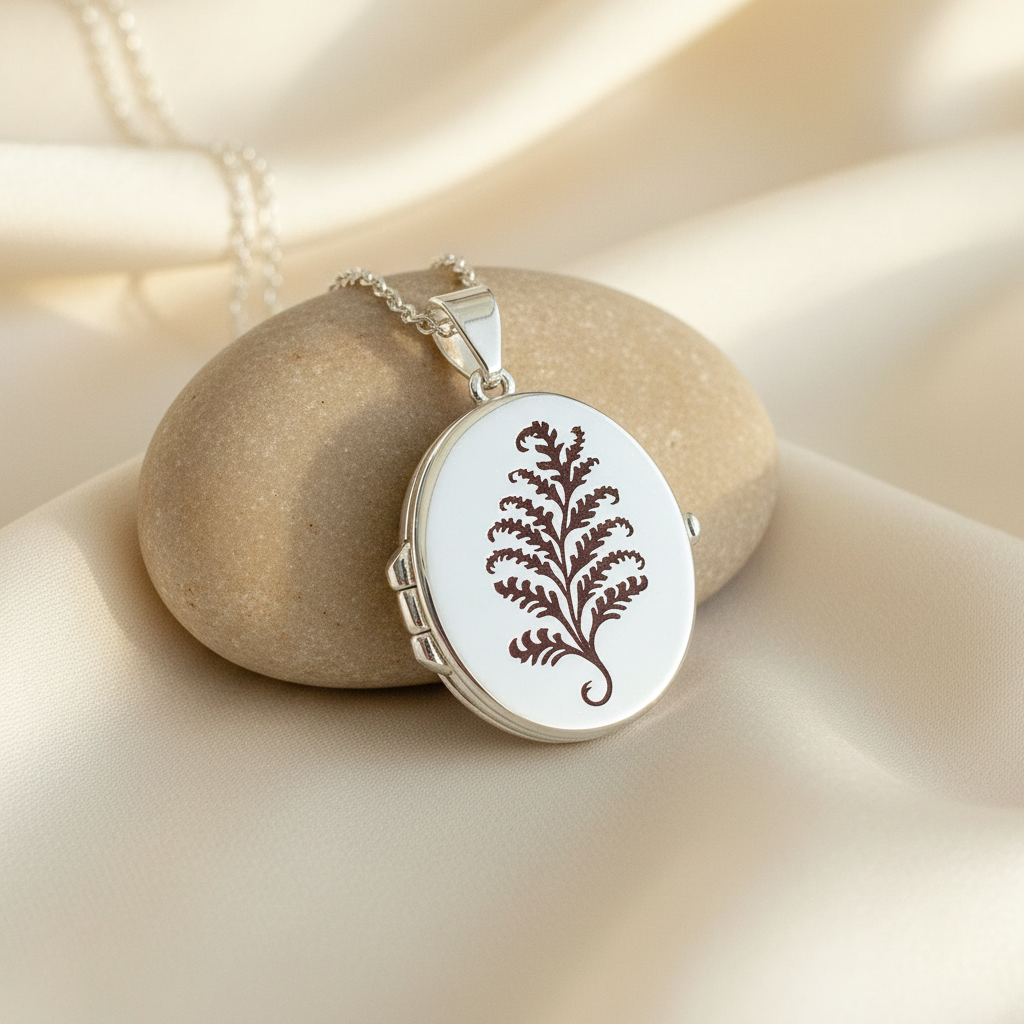 Silver Oval Photo Locket, Fern Leaf lifestyle photo