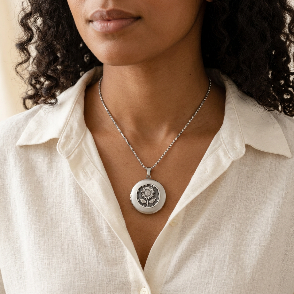 Silver Sunflower Locket Necklace on a medium-skinned model with dark curly hair and a linen blouse