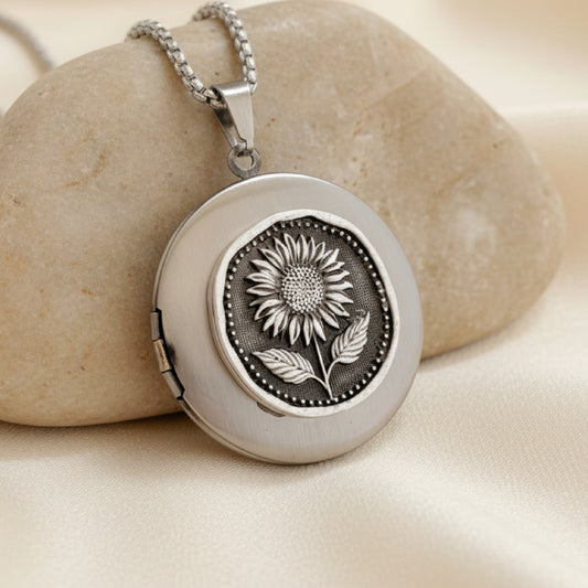 Silver Sunflower Locket Necklace (Copy) 3 Bead Designs