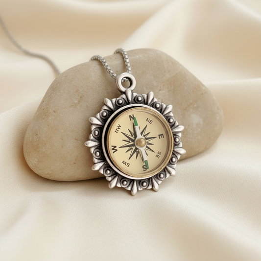 Silver Working Compass Necklace, ivory face
