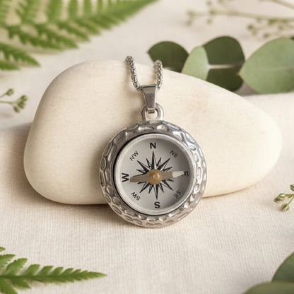 Silver Working Compass Necklace with Hammered Setting
